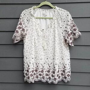 Skies are Blue Brown White Embroidered Peasant Top Size Medium